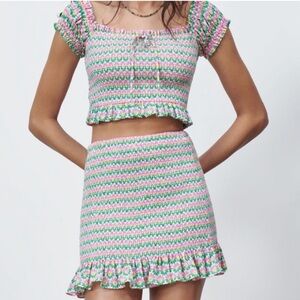 Zara Skirt Set- Pink Green Floral Smocked Two-Piece Set